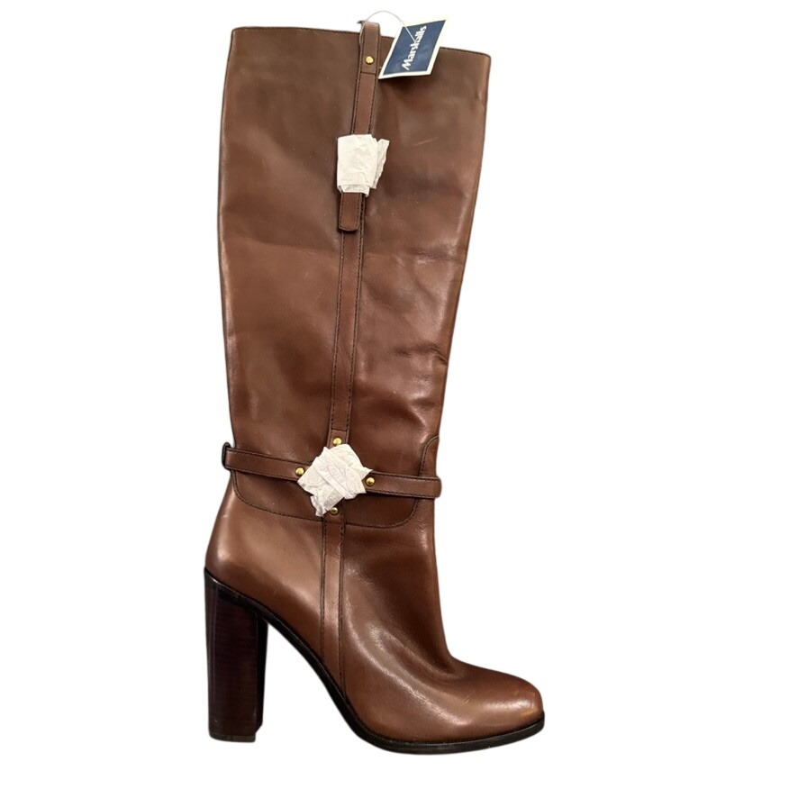 Nwt Coach Womens Brown Leather Knee High Block Heel Boots Size 10 B Strap Detail